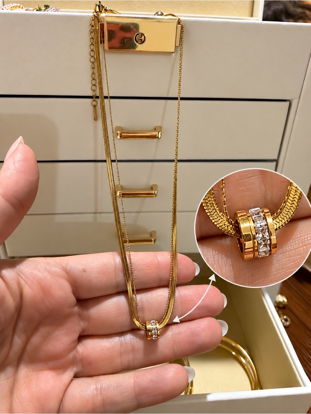 Gold Layered Chain Necklace with Crystal Accent
